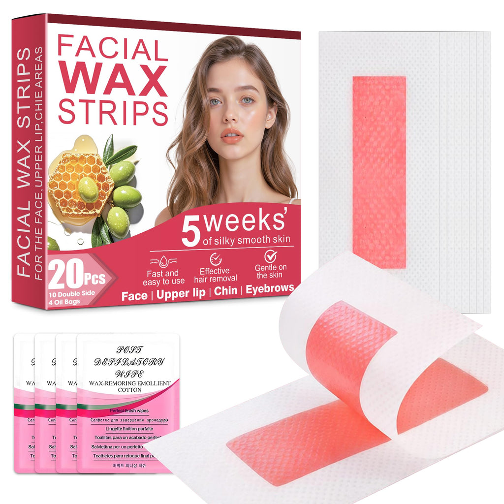 20Pcs Facial Wax Strips for Women, Upper Lip & Eyebrow Hair Removal, Hypoallergenic for Sensitive Skin, Removes Even Short Hair, Up to 5 Weeks Smooth, Easy No-Heat Waxing Kit, 10 per Bag PH
