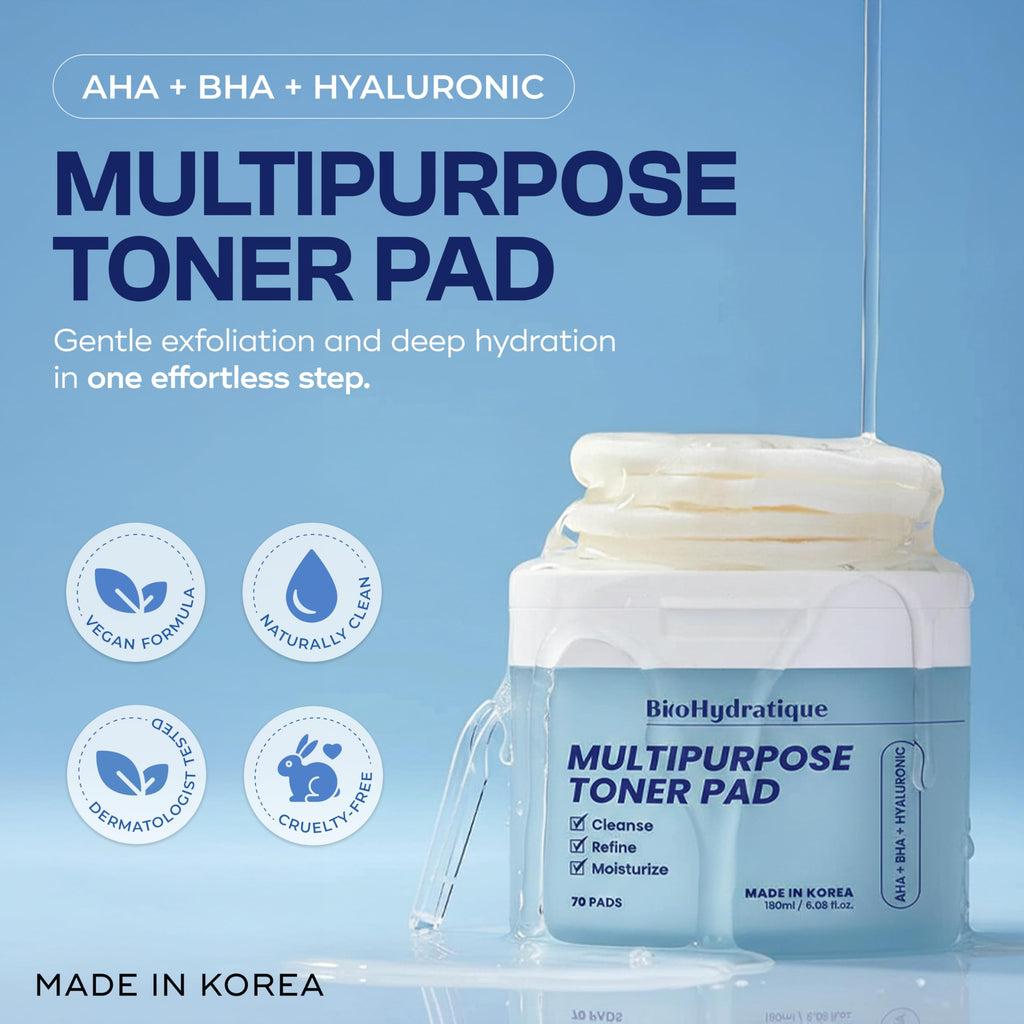 Bio Hydratique AHA+BHA+Hyaluronic Acid Toner Pads – Dermatologist Tested, Anti Aging, Korean Skin Care – Clears Pores, Smooths Texture, Hydrates For Soft, Plump Skin – Vegan, Clean Beauty – 70 Pads