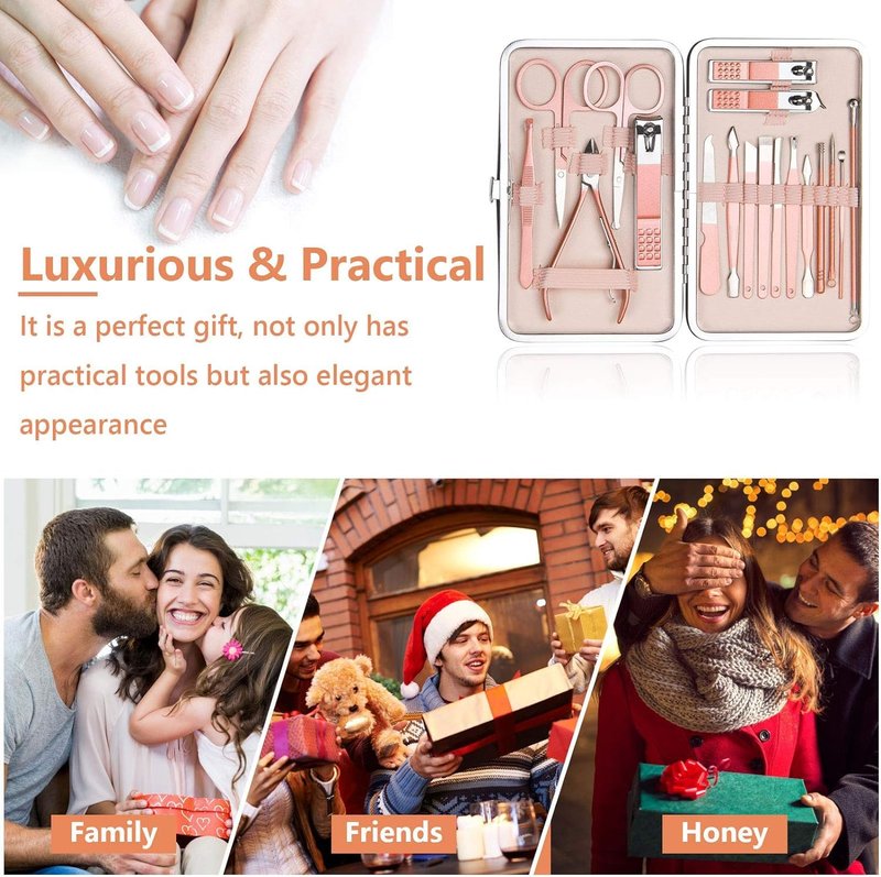 URAQT Nail Clippers for Men Women, 18 in 1 Stainless Steel Nail Kit Professional Manicure Pedicure Kit with Nail Scissors, Cuticle Trimmer, Leather Case, Portable Travel Home (Rose Gold)