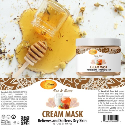 SPA REDI - Body and Foot Cream Mask, Milk and Honey, 16 Oz - Pedicure Massage for Tired Feet and Body, Hydrating, Fresh Skin - Infused with Hyaluronic Acid, Amino Acids, Panthenol, Comfrey Extract