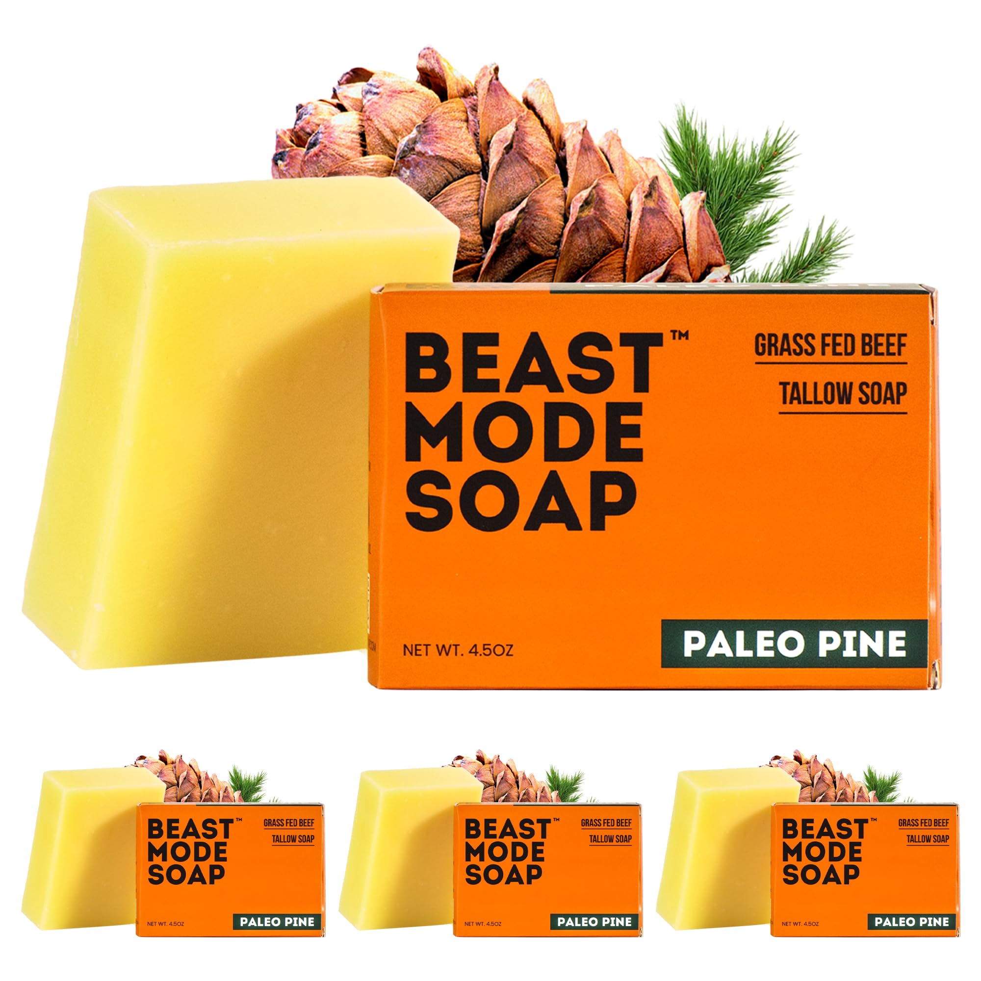 Beast Mode Soap for Men, Paleo Pine, 4-Bar Pack – Natural Grass-Fed Tallow Bar Soap, Exfoliating Sand Blend, Handcrafted, Non-Toxic