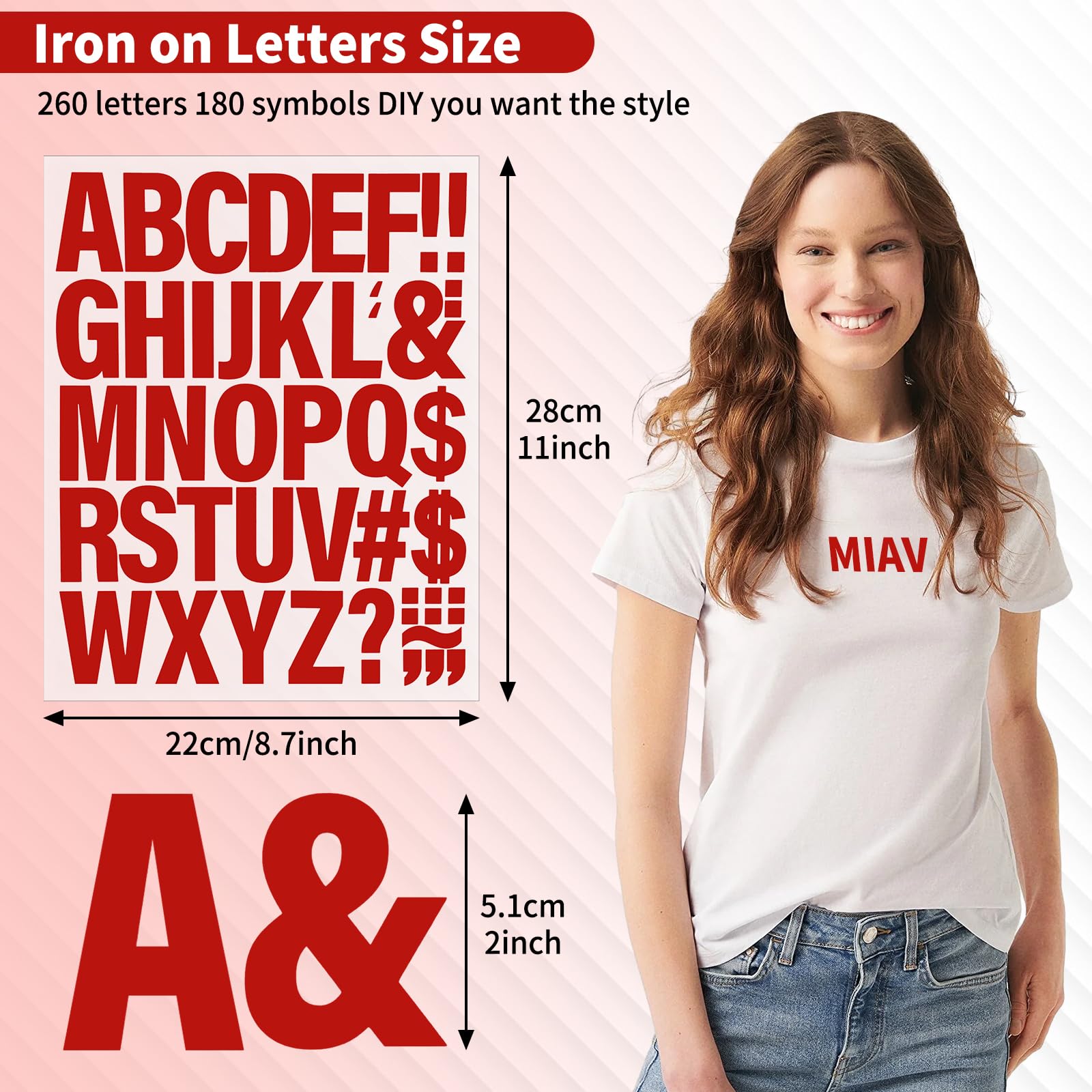 10 Sheets 440 Pieces Iron on Letters for Clothing, 2 Inch Heat Transfer Letters, Red Iron on Vinyl Letters with A-Z PU Alphabets Sticker for Fabric, Jersey T-Shirt Printing DIY Craft