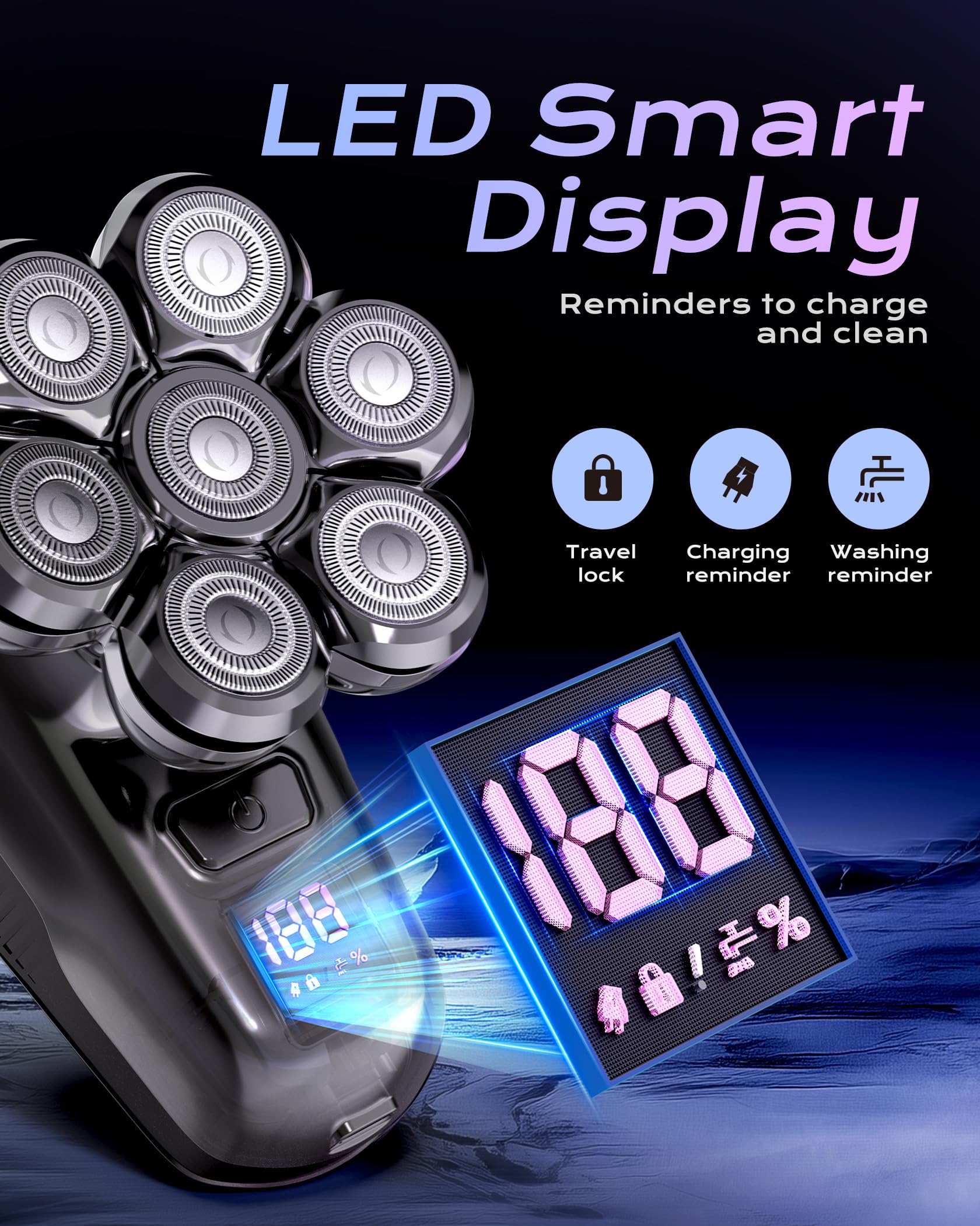JIJ Head Shavers for Bald Men - 5-in-1 Electric Head Shaver Grooming Kit, 7D Floating Wet/Dry Electric Razor for Bald Heads with LED Smart Display, Turbo Speed & Type-C Charging (2000mAh)