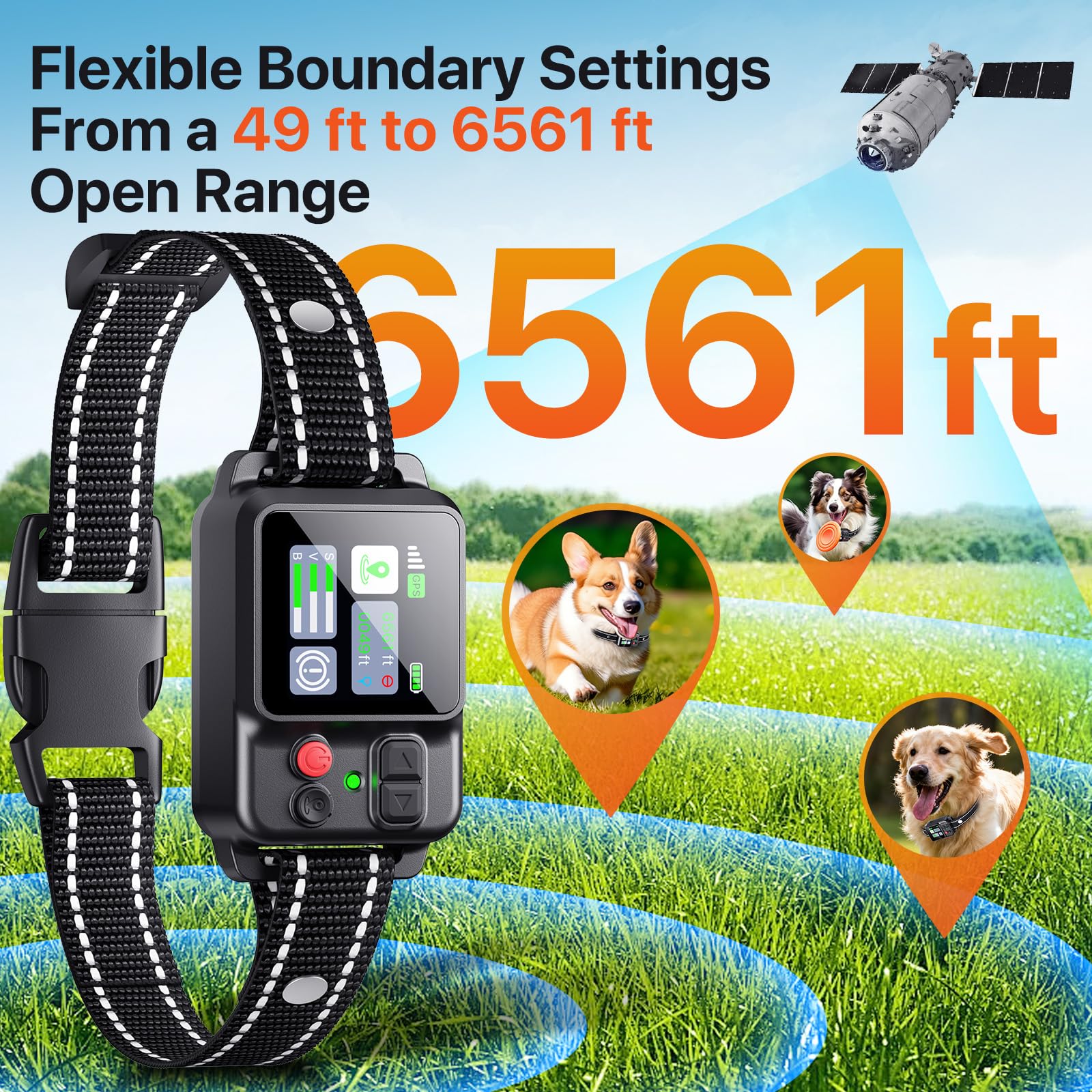 Wireless Dog Fence System, Dog Collar Electric Fence for Dogs- Fence for Dogs, GPS, Adjustable 49-6561ft Range, IPX7 Waterproof Rechargeable Collar, 3 Training Modes for Outdoor (All Black)