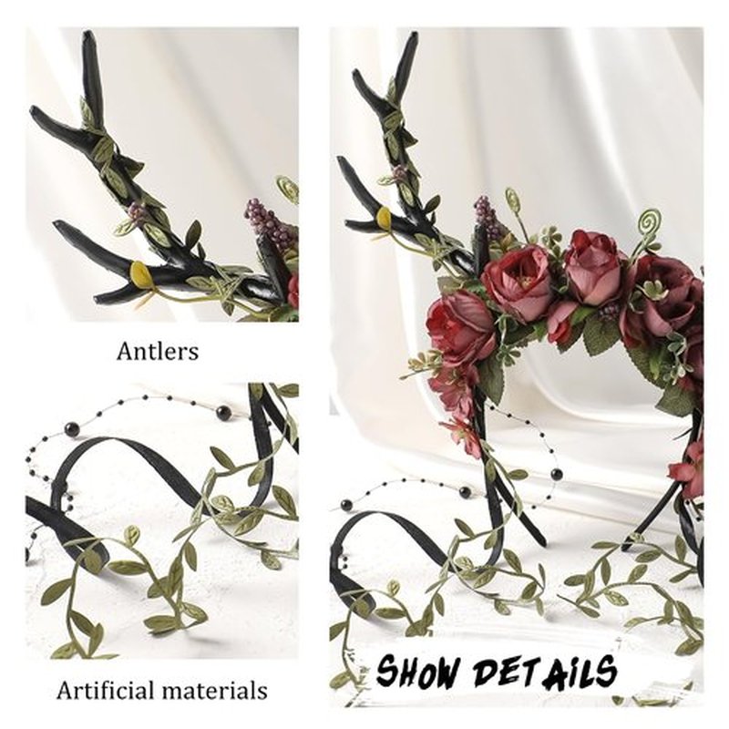 MOSTORY Dark Flower Antler Headband - Floral Black Reindeer Headpiece for Renaissance Accessories Women, Woodland Deer Hairband with Vine for Mother Nature Costume Cosplay Fairy Aesthetic