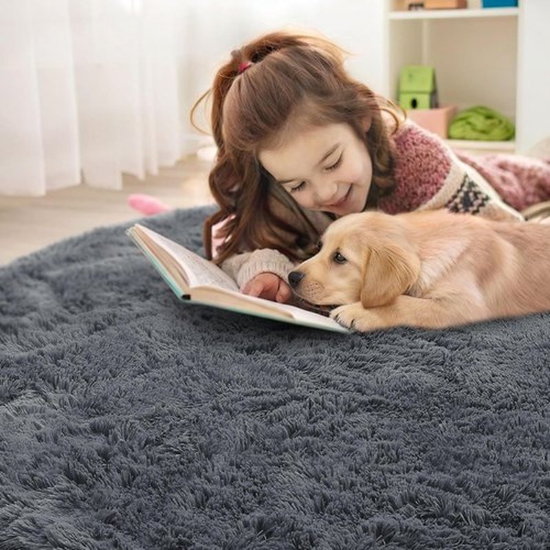 OLANLY Grey Round Area Rug - Soft, Fluffy, Machine Washable 2 ft Circle Carpet for Bedroom & Living Room Decor