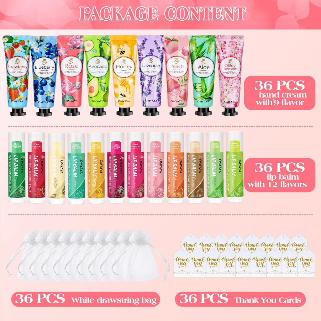 36 Sets Bulk Gifts For Women, Hand Cream Lotion and Lip Balm Bulk Set with Organza Bags, Bridal Wedding Favors, Baby Shower Favors for Guests, Teacher Appreciation Thank You Gifts, Mothers Day Gifts