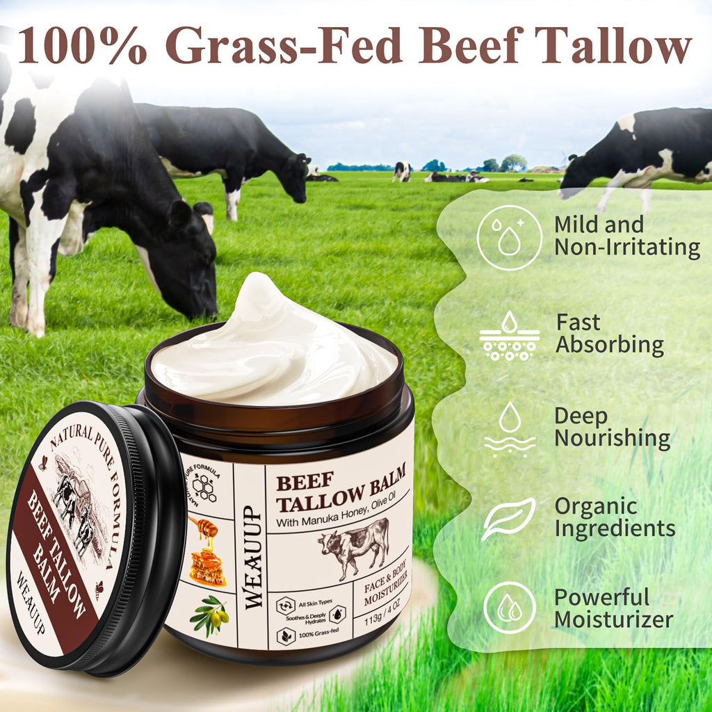 WEAUUP Beef Tallow for Skin, Organic Grass Fed Whipped Beef Tallow Balm, Tallow and Honey Balm with Raw Honey and Beeswax, Nourishing Moisturizer for Face & Body Natural Skin Care for Soft