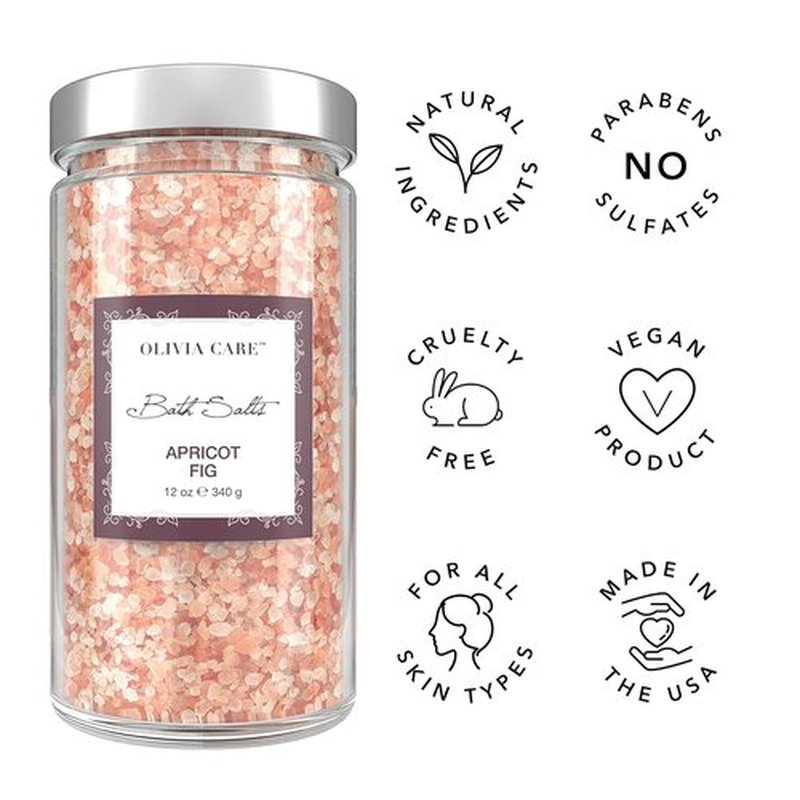 Olivia Care Pink Himalayan Bath Salts - Relieve Muscle Tension & Exfoliate Skin | Natural Apricot Fig, 12 OZ