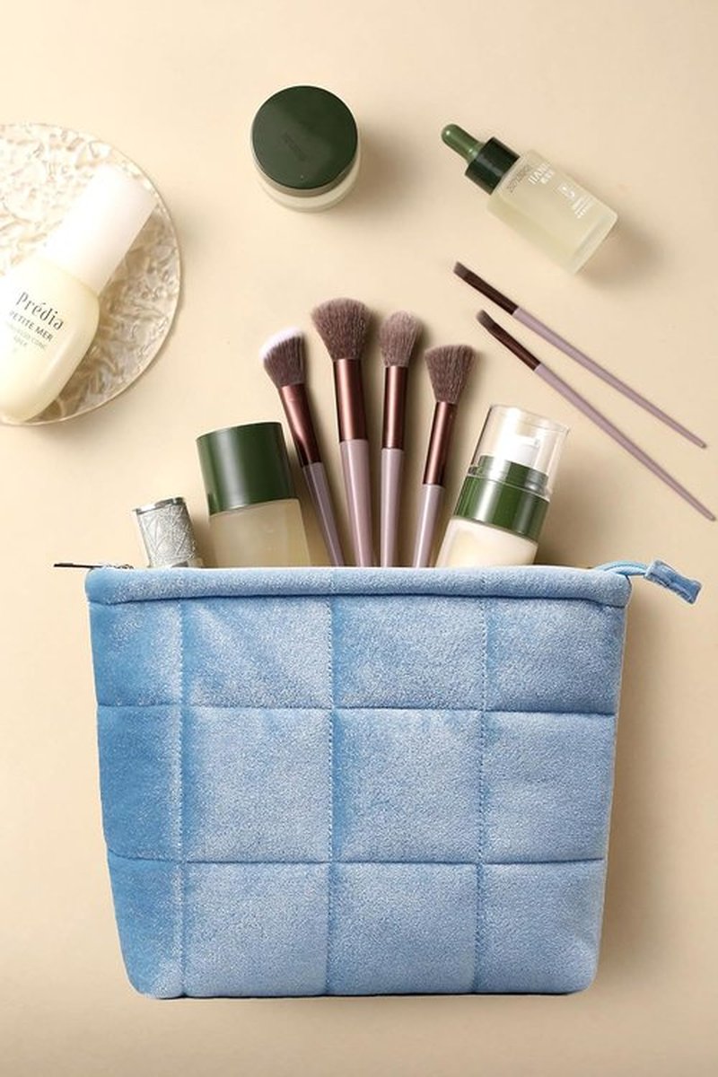 Skiennix Puffy Quilted Makeup Bag - Sky Blue Velvet Cosmetic Organizer Pouch for Travel