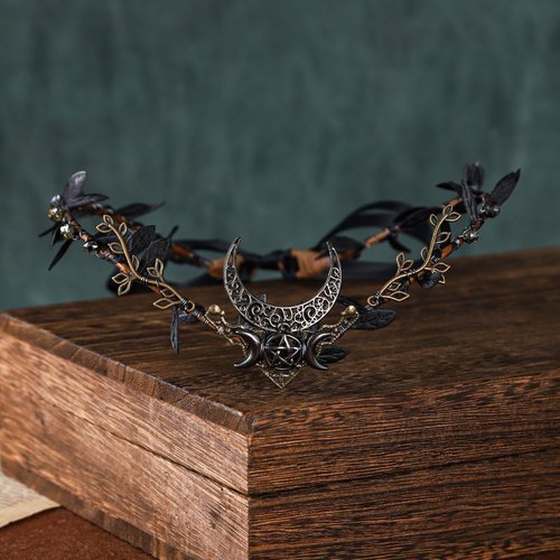 MOSTORY Handmade Moon Elf Headpiece - Woodland Forest Crown Fairy Goddess Tiara Elven Circlet Medieval Queen Festive Accessory for Women s Halloween Cosplay Renaissance Black