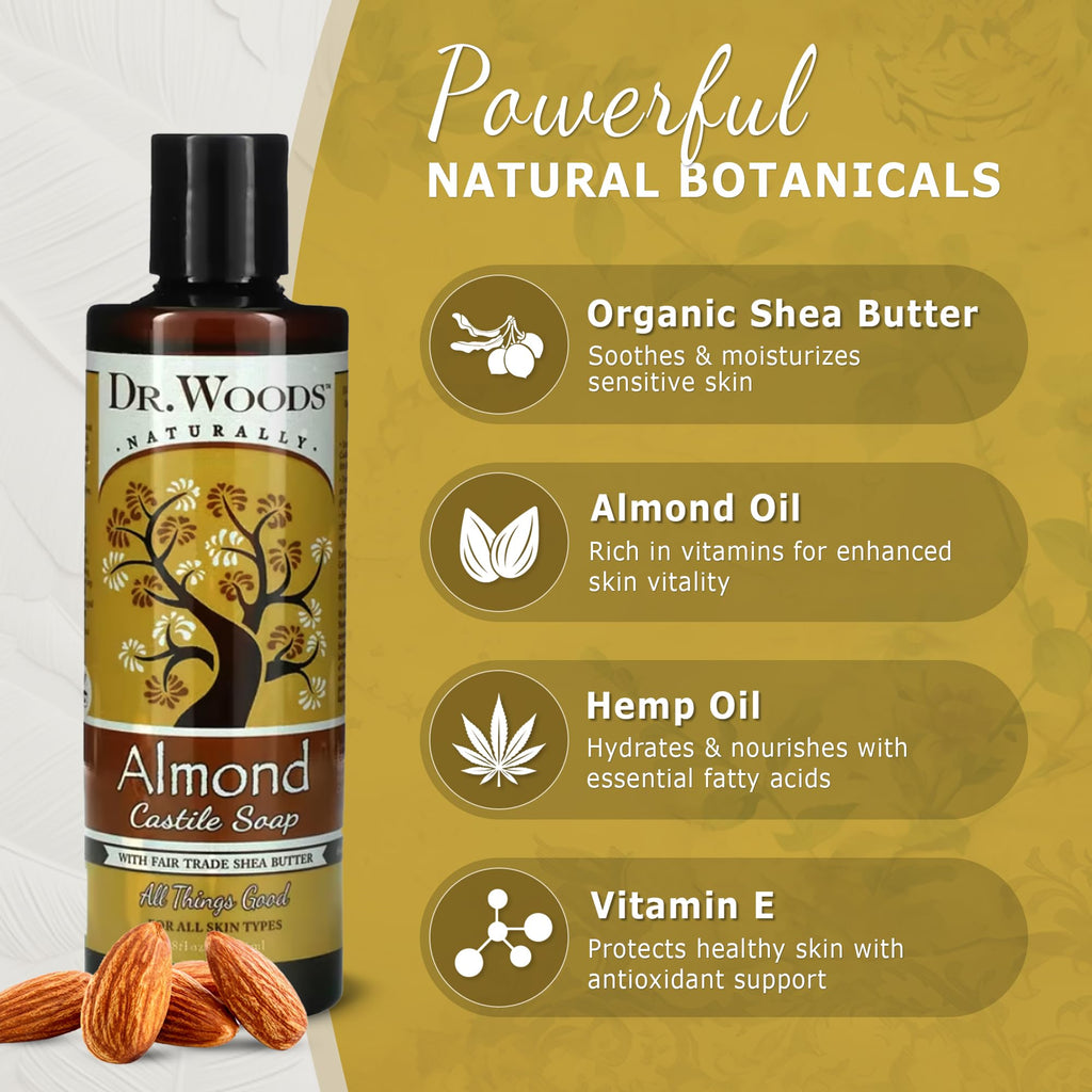 Dr. Woods Almond Liquid Castile Soap - Castile Soap with Pure Almond Oil, Body Wash for Men and Women, Contains Organic Shea Butter, Natural Cleaner for Face, Hands, and Body - 8 Fl Oz