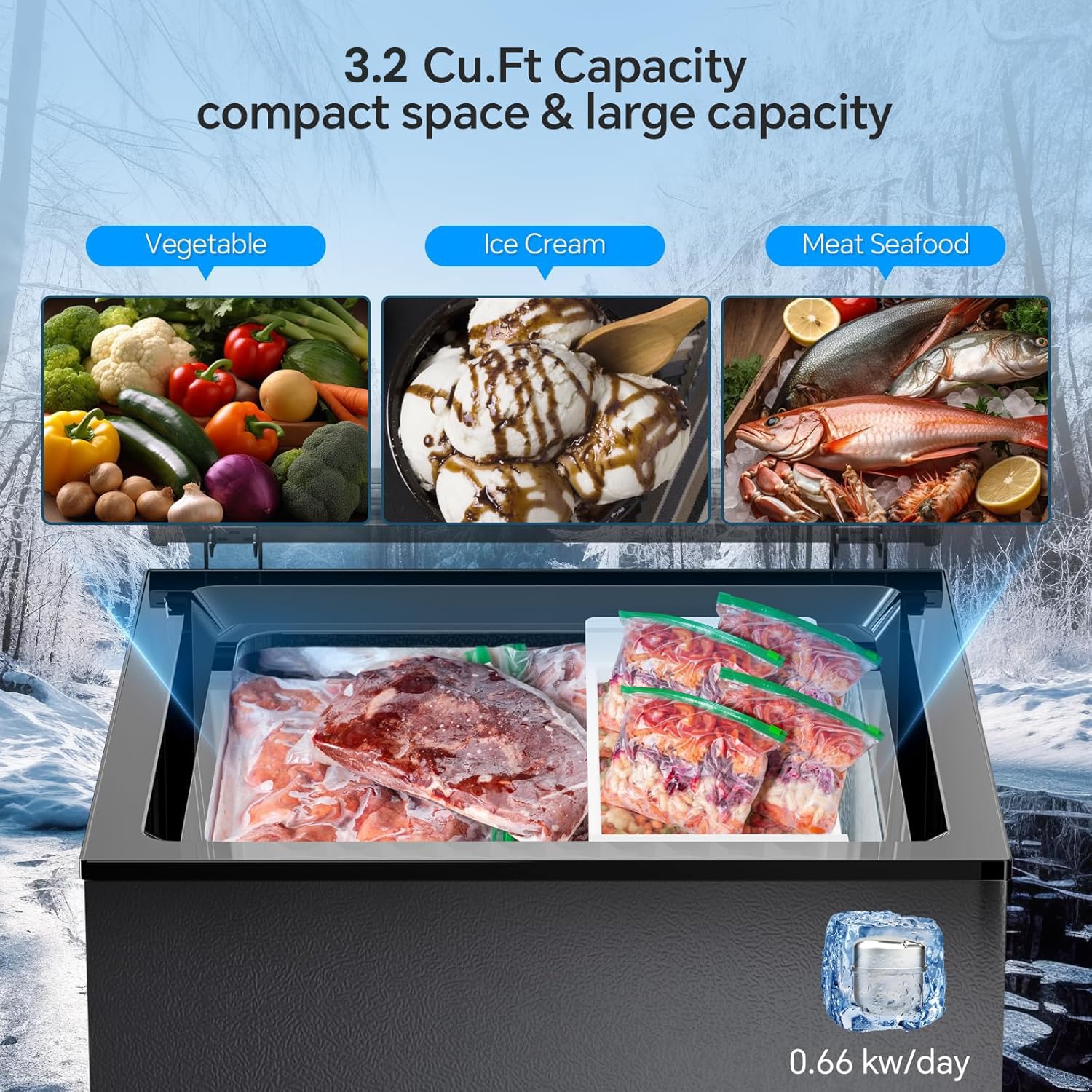 Kismile 3.2 Cubic Feet Chest Freezer with 2 Removable Basket Free Standing Top Open Door Compact Freezer with Adjustable Temperature for Home/Kitchen/Office/Bar