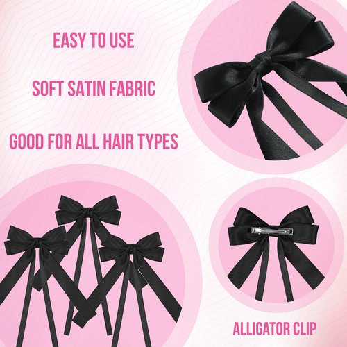 Styla 3 Piece Satin Hair Bow Clips: Metal Alligator No Slip Design, Double Long Tail Ribbons for Women & Girls - Black