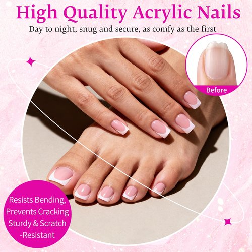 EternalClassic White French Tip Press on Nails Short & Press on Toenails for Women, 312pcs Berry Pink Fake Nails Square Acrylic Toe Nail Press ons for Women Manicure Kit