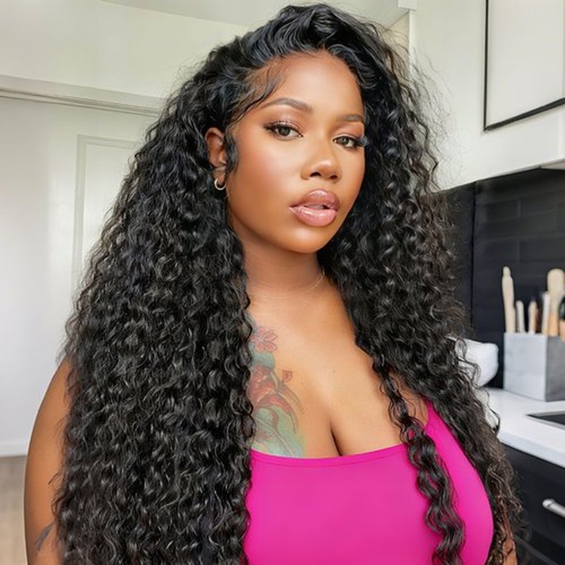 Pinketer Deep Wave Half Wig Human Hair 24inch Wear and Go Glueless Curly Wig 200% Density 3 In 1 Seamless Flip Over Drawstring No Headband Wig for Black Women Beginner Friendly Natural Color
