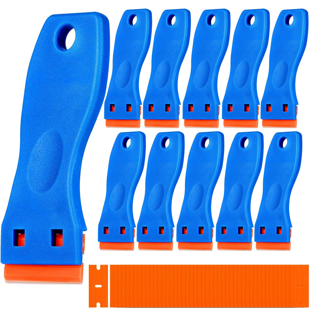10 Plastic Razor Blade Scraper, 100 Pcs Blades, Remove Label Decal Tool for Stickers, Gaskets and Paints on Window Car Glass