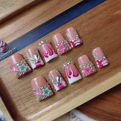Gleamrain Handmade Press on Nails short Square Shape M Size/Gleamrain Luxury Duck Hand Made Cute Acrylic Glue on Nails With Rhinestones and Flower Design Duck Nail for Women and Girls 10 Pcs