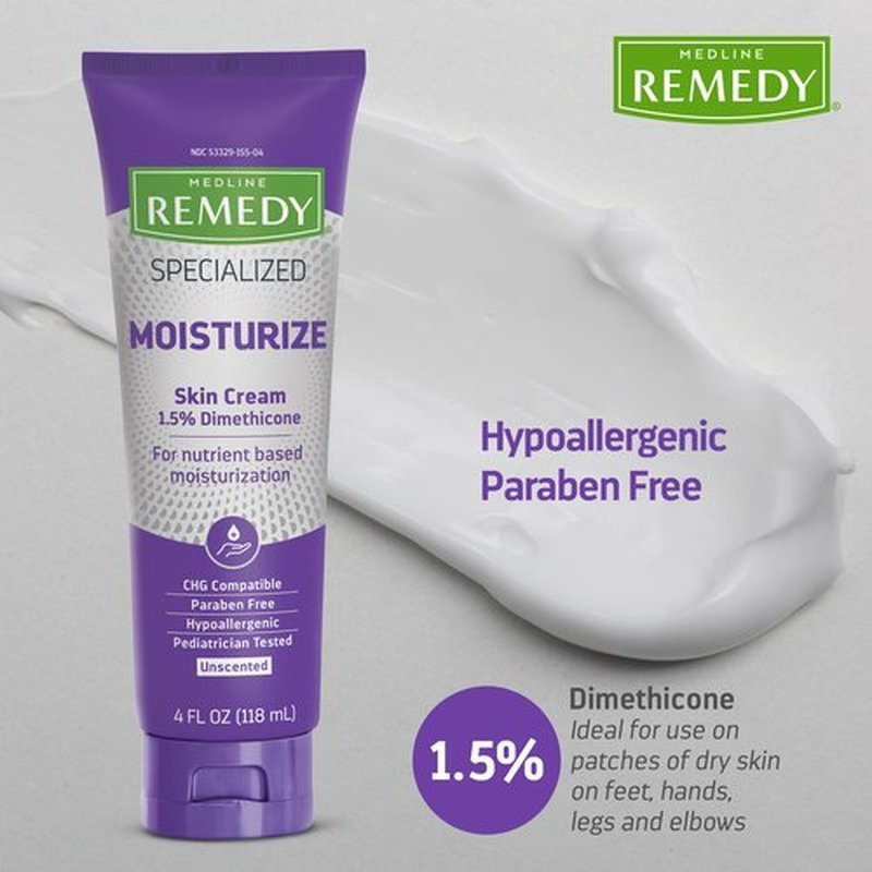 Medline Remedy Specialized Skin Cream, Unscented (4 fl oz), 1.5% Dimethicone, Nourishing Moisturizer for Dry Skin, Paraben-free, and Hypoallergenic Body Cream, Daily Lotion for Dry and Sensitive Skin