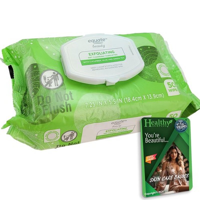 Equate Exfoliating Wet Cleansing Towelettes - 1 Pack of 50 Wipes and Vital Volumes Tips Card