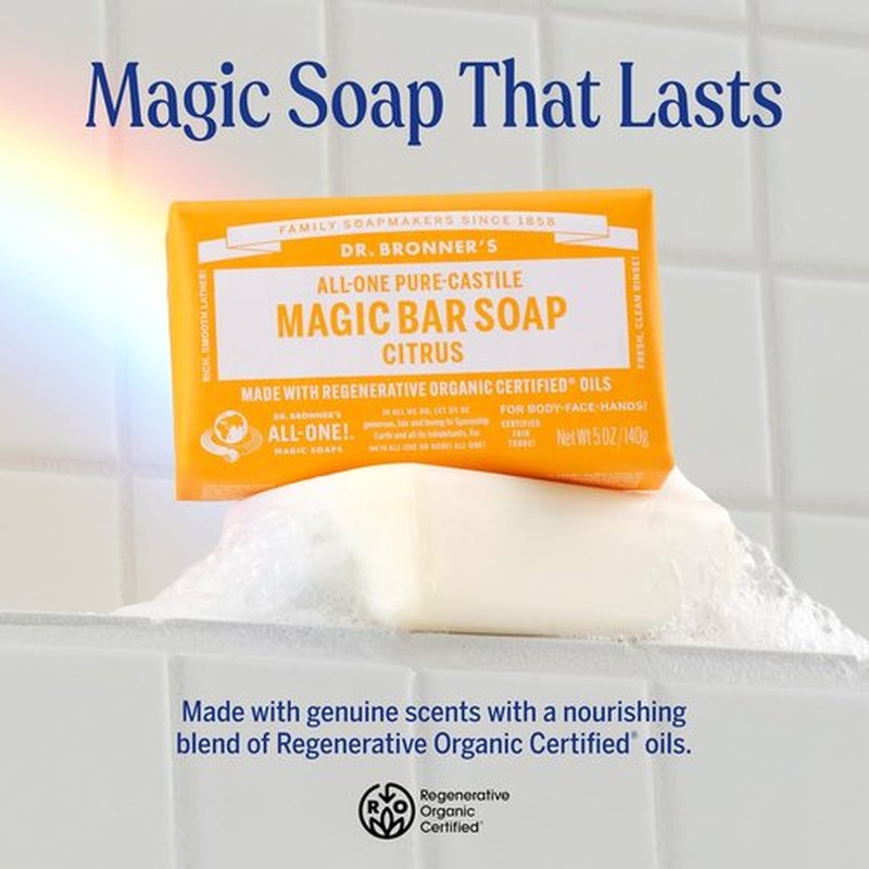 Dr. Bronner's Pure-Castile Soap Bars - Vegan & Organic - Citrus Scent, 2 Pack, 5 oz for Face, Body, Hair