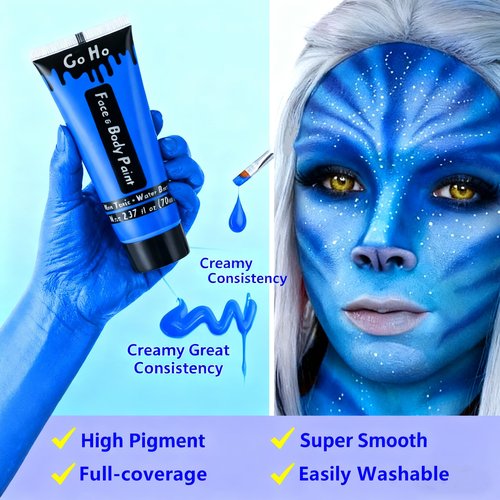 Go Ho Royal Blue Face Body Paint Washable(2.37oz/pc),Water Based Cream Blue Face Paint,Smurf Mystique Avatar Clown Makeup,Blue Body Paint for SFX Cosplay Costumes Festivals Halloween Makeup