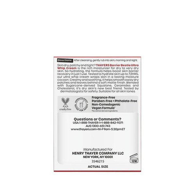 THAYERS Barrier Bestie Ultra Whip Face Cream, Moisturizer with Sugarcane Squalane and Ceramides, Skin Care for Dry to Very Dry Skin, 2.0 Oz