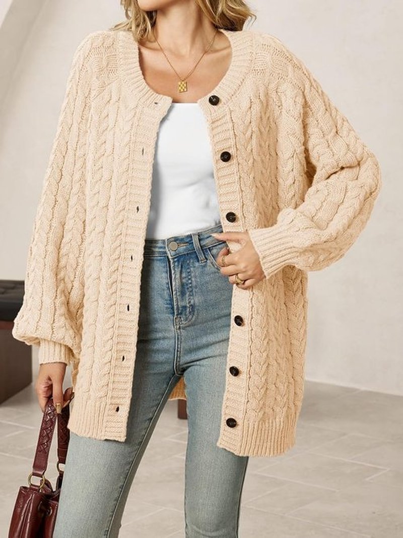 Saodimallsu Women's Cable Knit Cardigan - Oversized Chunky Button-Down with Lantern Sleeves
