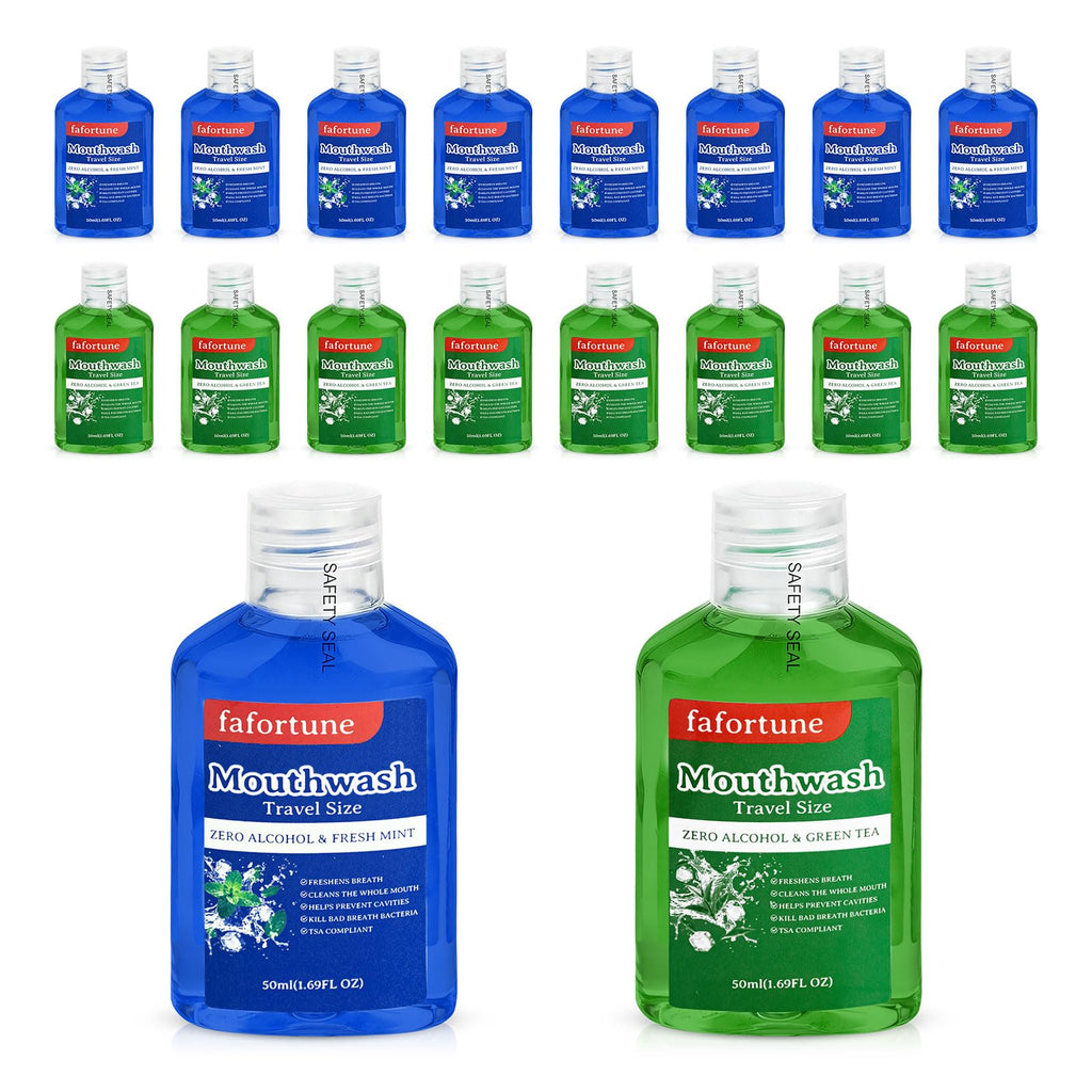 fafortune 1.69fl oz Travel Size Mouthwash Bulk Mini Mouthwash Small Portable Alcohol Free Bottles Individual for Travel Camping Hotels On-The-Go(Pack of 20,Mint and Green Tea)