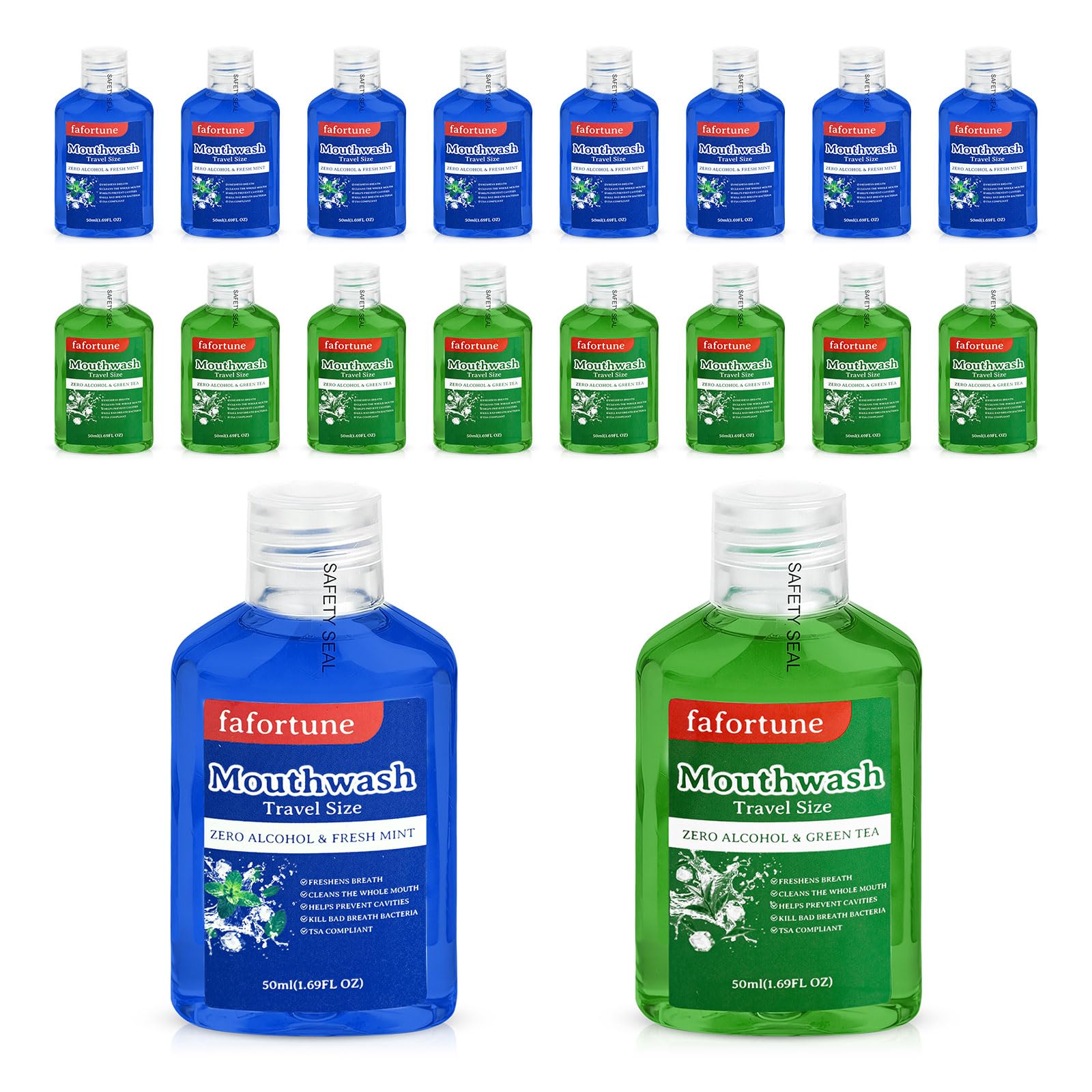 fafortune 1.69fl oz Travel Size Mouthwash Bulk Mini Mouthwash Small Portable Alcohol Free Bottles Individual for Travel Camping Hotels On-The-Go(Pack of 20,Mint and Green Tea)