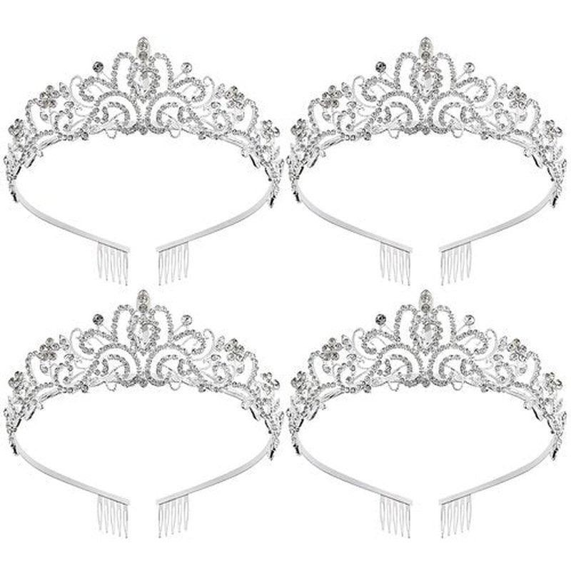 Princess Crown for Women, Crystal Queen Tiaras for Girls Bridal Hair Accessories Gifts for Birthday Wedding Prom, Bridal Party, Pageant, Halloween Christmas Costume (A#-Silver 4 Pcs)