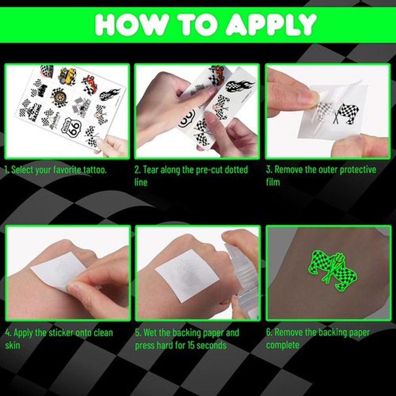 96 PCS Funny Race Car Checkered Flag Glow In The Dark Pre-Cut Black and White Temporary Tattoos Sticker Birthday Party Decorations Supplies Favors Gifts Boys Girls (Luminous)