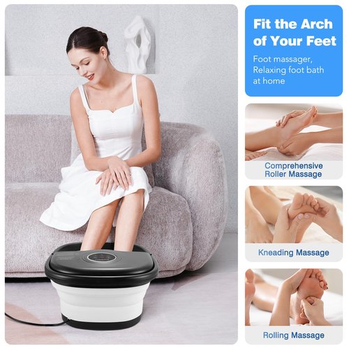KNQZE Collapsible Foot Spa Bath with Heat, Remote Control, Temperature Control, Bubbles, Pumice Stone, Red Light, Timer, 16 Massage Roller Pedicure Foot Spa Foot Soaker for Soothe & Relax Tired Feet