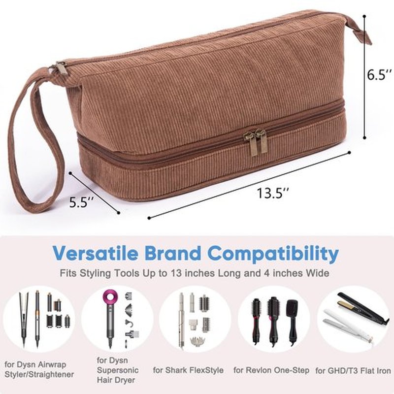 ELCUPA Hair Tools Travel Case - Double-Layer Organizer for Hair Dryer, Curling Iron & Attachments - Brown Corduroy with Zipper Closure & Top Handle