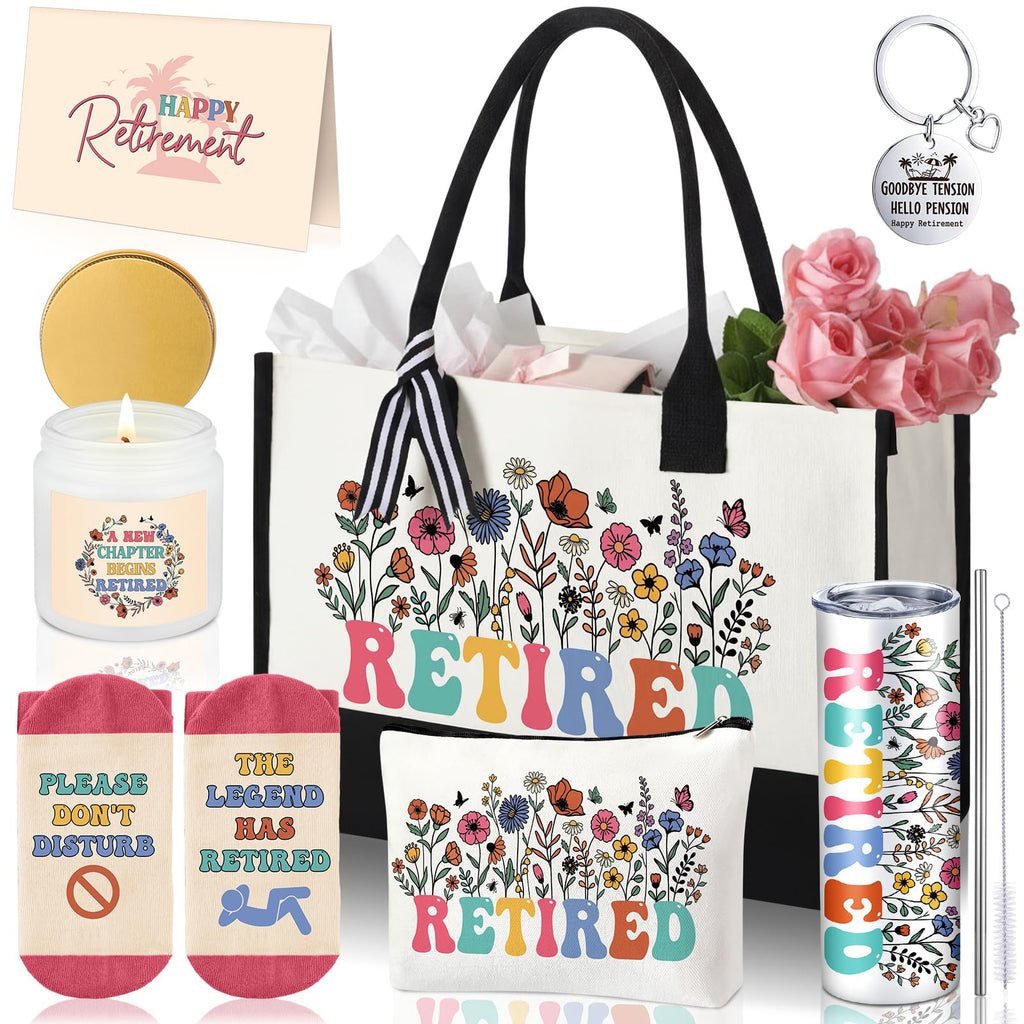 Patelai 7 Pcs Retirement Gifts for Women 2026,Happy Retirement Gift with 20oz Tumbler Tote Bag Socks Candle Cool Retired Gifts for Mom Teacher Nurse Coworker Boss Grandma End of School Year