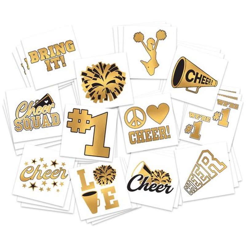 Cheerleading Gold Foil Temporary Tattoos / 36 Pack with 12 Designs/Sparkle Effect/Team Spirit Collection