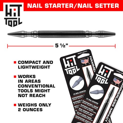 HIT Tools Dual-Tip Nail Starter & 2/32" Nail Setter – Spring-Loaded Hammerless Punch for Trim, Molding & Fine Carpentry – Compact, Rust-Resistant, Made in USA