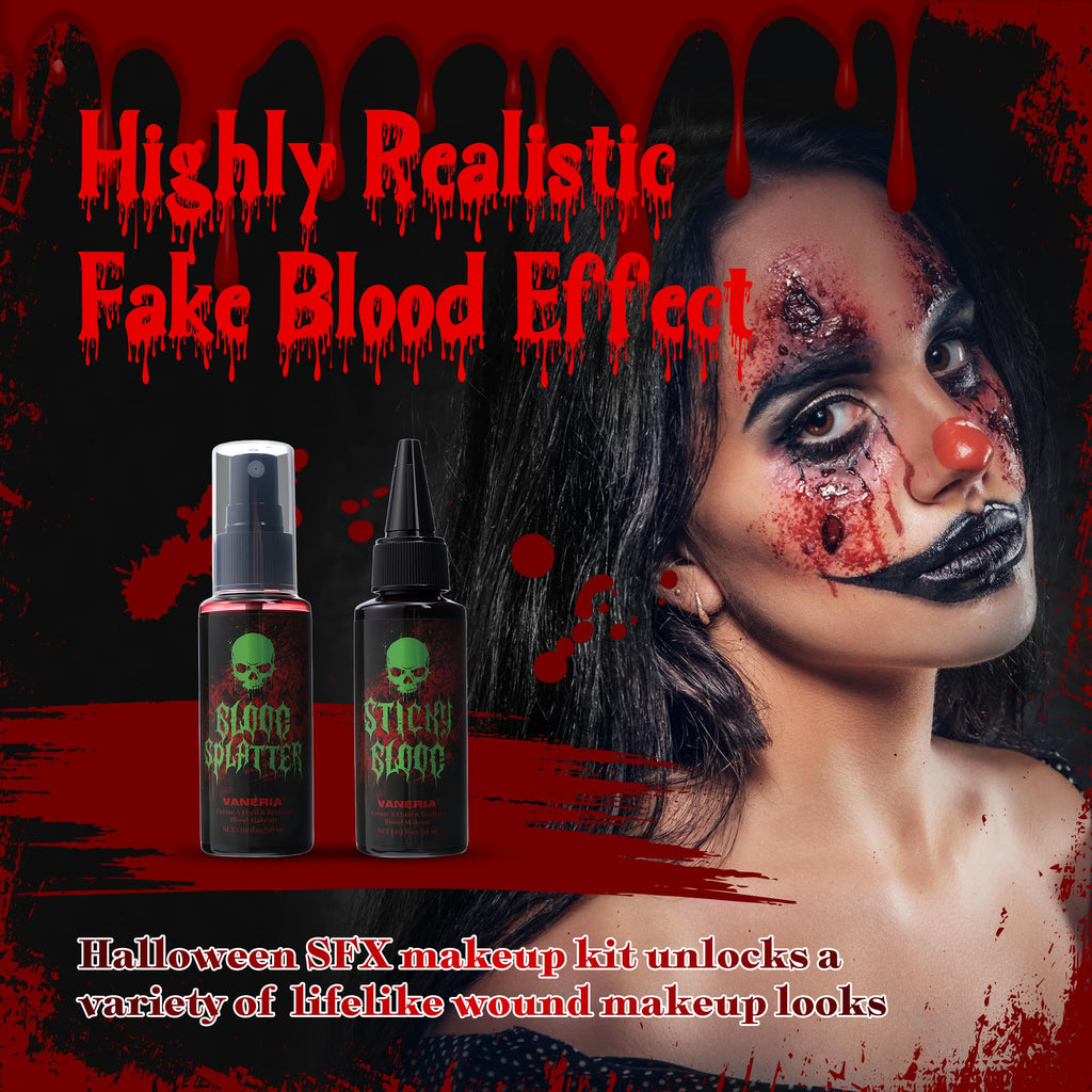 Vaneria Halloween Fake Blood Makeup Kit,Realistic Washable SFX Makeup with 50ml Blood Splatter, 50ml Sticky Blood, Sponge,4 Fake Scars & 4 Fluorescent Tattoo Stickers for Zombie, Vampire Cosplay