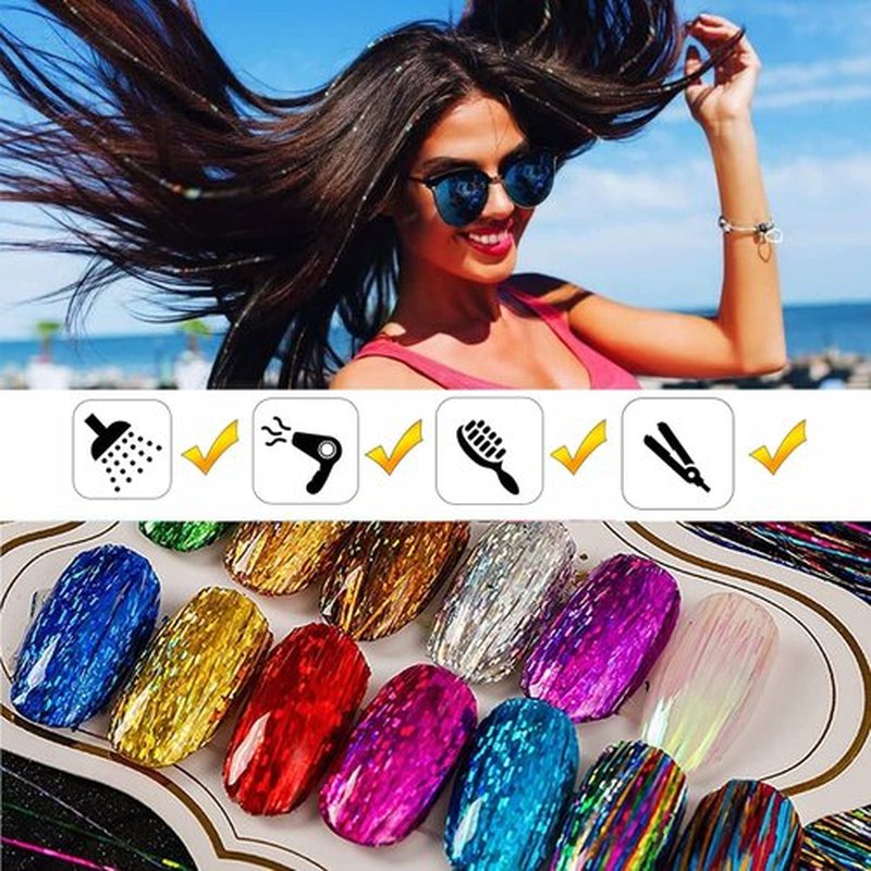 Hair Tinsel Kit with Tools 24 Colors 9000 Strands Fairy Hair Tinsel Heat Resistant Sparkling Shiny Tinsel Hair Extensions 48 Inch Colorful Hair Tinsel strands Kit (48 Inch 9000strands, 24Colors)