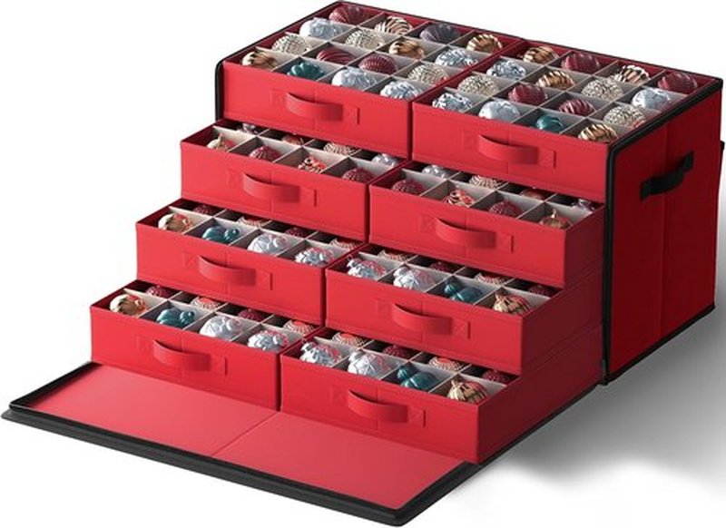 SONGMICS Large Christmas Ornament Storage Box - Stackable Container with 128 Slots & Lid, Cherry Red