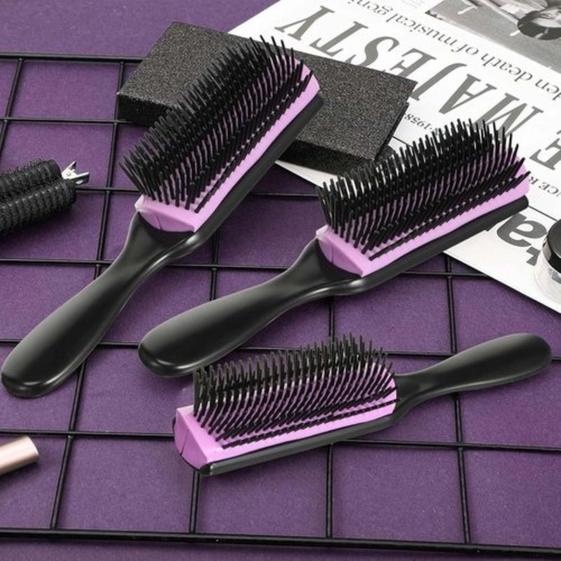 Patelai Hair Brush - 9-Row & 5-Row Cushion Nylon Detangling Brush for Natural Hair | Travel-Friendly, Black/Purple