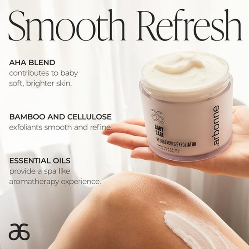 BodyCare Resurfacing Exfoliator – Gentle Dual-Action AHA and Plant-Based Polish for Smoother, Brighter, Baby-Soft Skin, Even Complexion, Spa-Like Experience, by Arbonne.