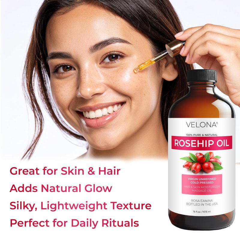 velona Rosehip Oil - 16 Fl Oz in Glass Bottle | 100% Pure and Natural Carrier Oil| Unrefined, Cold Pressed, Hexane Free | Moisturizing Face, Hair, Body, Skin Care, Stretch Marks, Scars…