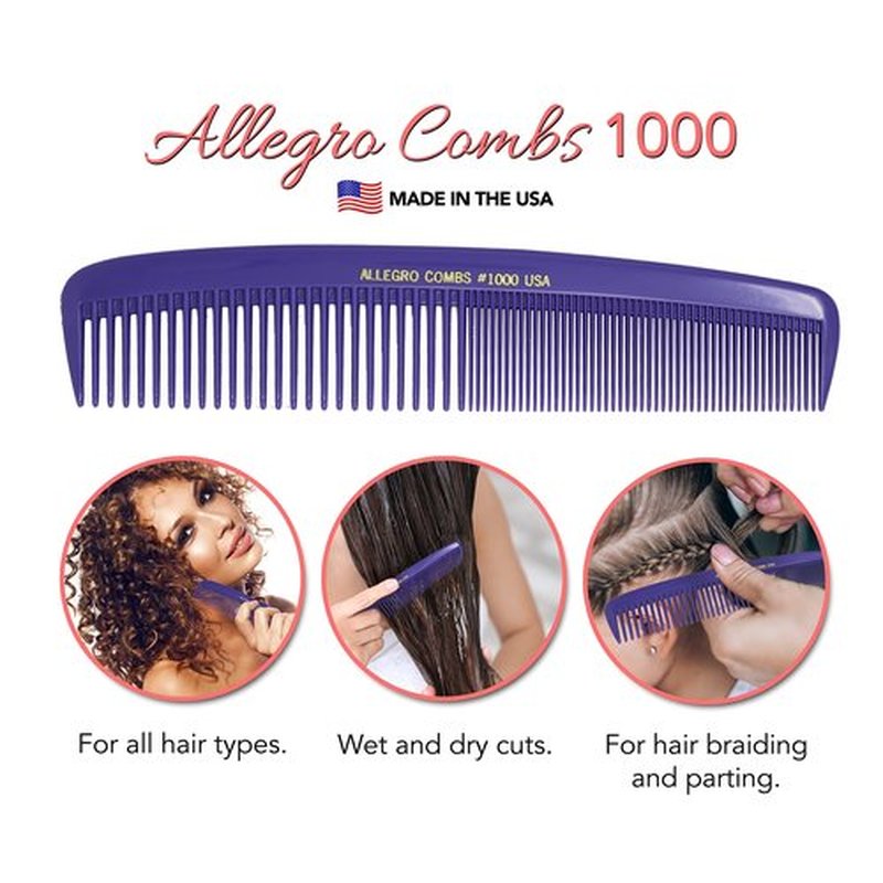 Allegro Combs 1000 X-Large Styling Comb Hair Cutting Barber Stylist Combs All Purpose Wide And Fine Tooth Made In The USA. 1 Pc. (Purple)
