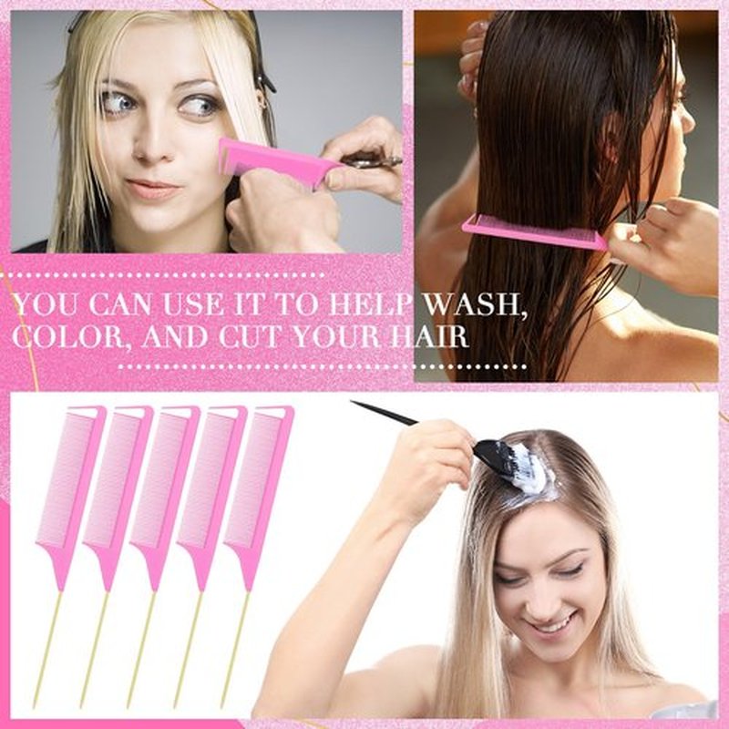 Patelai 30 Pcs Rat Tail Combs Bulk Steel Pin Rat Tail Carbon Fiber Heat Resistant Teasing Combs Fine Tooth Pintail Braiding Hair Tools for Stylists Salon Sectioning Detangling(Pink and Gold)