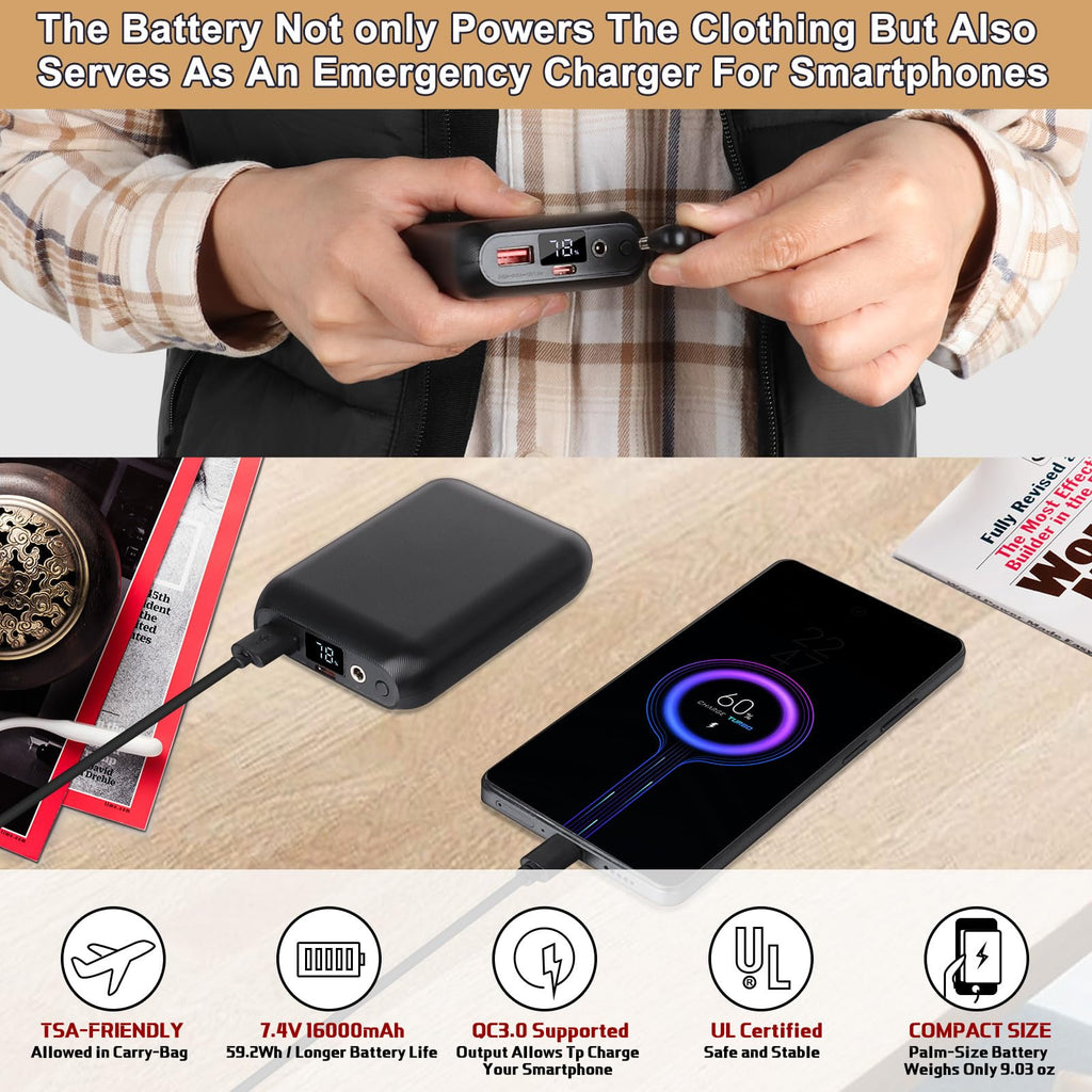 BIAL 7.4V 16000mAh Heated Vest Battery Pack, Rechargeable Power Bank for 7.4V Heated Vest, Heated Jacket, Pants Compatible with ORORO and Venustas