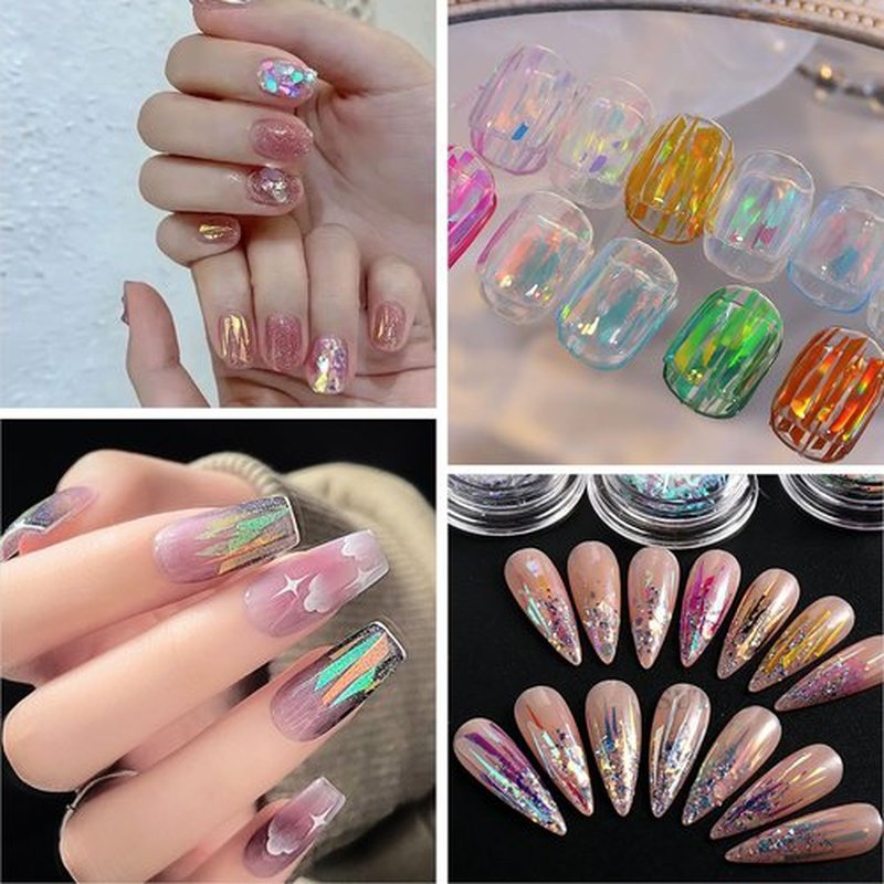 SILPECWEE 12 Boxes Glass Nail Foil Cellophane Aurora Nail Art Foil Sheets Glass Paper Laser Nail Stickers Iridescent Nail Designs Stickers Holographic Nail Film 3D Nail Decoration