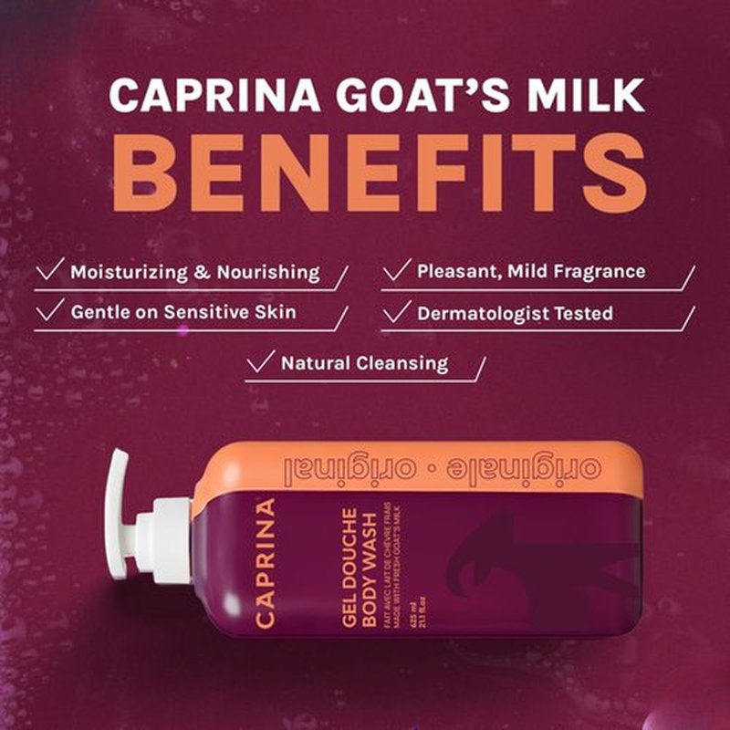 Caprina Fresh Goat’s Milk Body Wash, ORIGINAL Formula, 625 ml, Moisturizing Cleanser for Normal Skin, Gentle Daily Hydration
