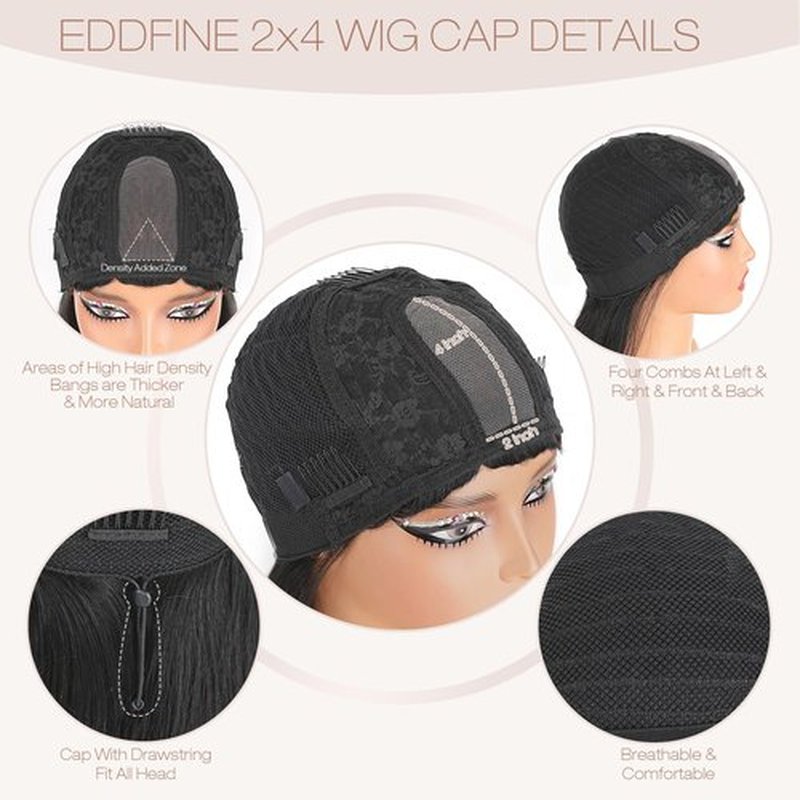 eddfine Straight Human Hair Wigs with Bangs 2x4 Lace Closure Wigs Human Hair 180% Density Drawstring Glueless Wigs Human Hair for Women Lace Front Wigs Human Hair Natural Black 18inch.