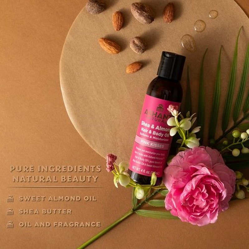 Ashanti Naturals Pure Shea & Sweet Almond Oil - Moisturizing Body Oil for Dry Skin & Hair | Pink Kisses, 4 oz